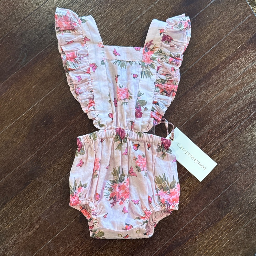 LoveShackFancy Pink Floral Ruffle Romper